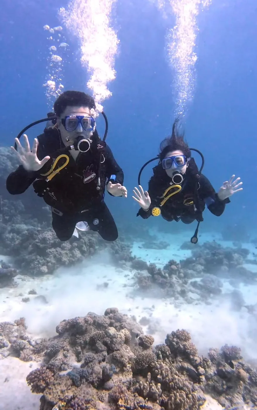 Two scuba divers exploring a coral reef underwater